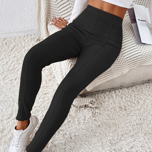 Black Casual Womens Solid High Waist Leggings - Picture 5 of 5